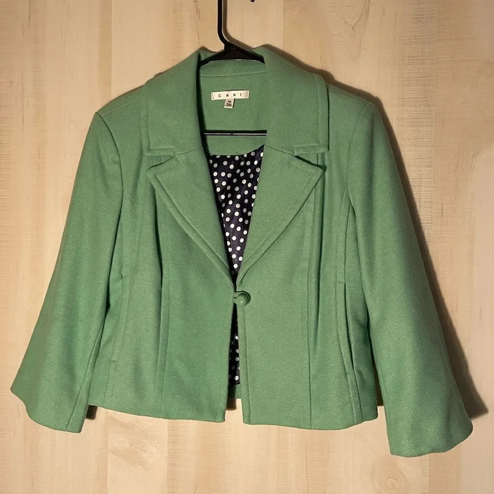CABi green wool jacket blazer with navy polka dot‎ lining, size medium